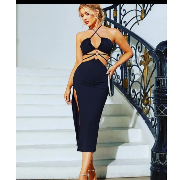 Marthea Dresses & Skirts - Marthea Black Halter Neck‎ Cutout Midi Dress Sexy Slit Size XL